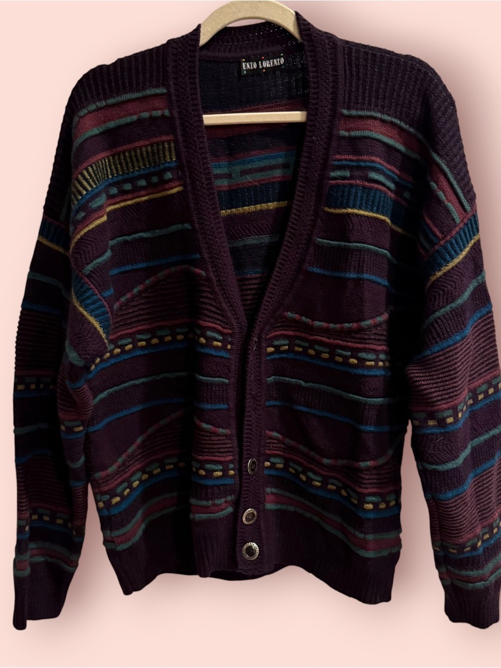 Vintage 90s Enzo Lorenzo Geometric Knit Cardigan Sweater Grandpa Retro